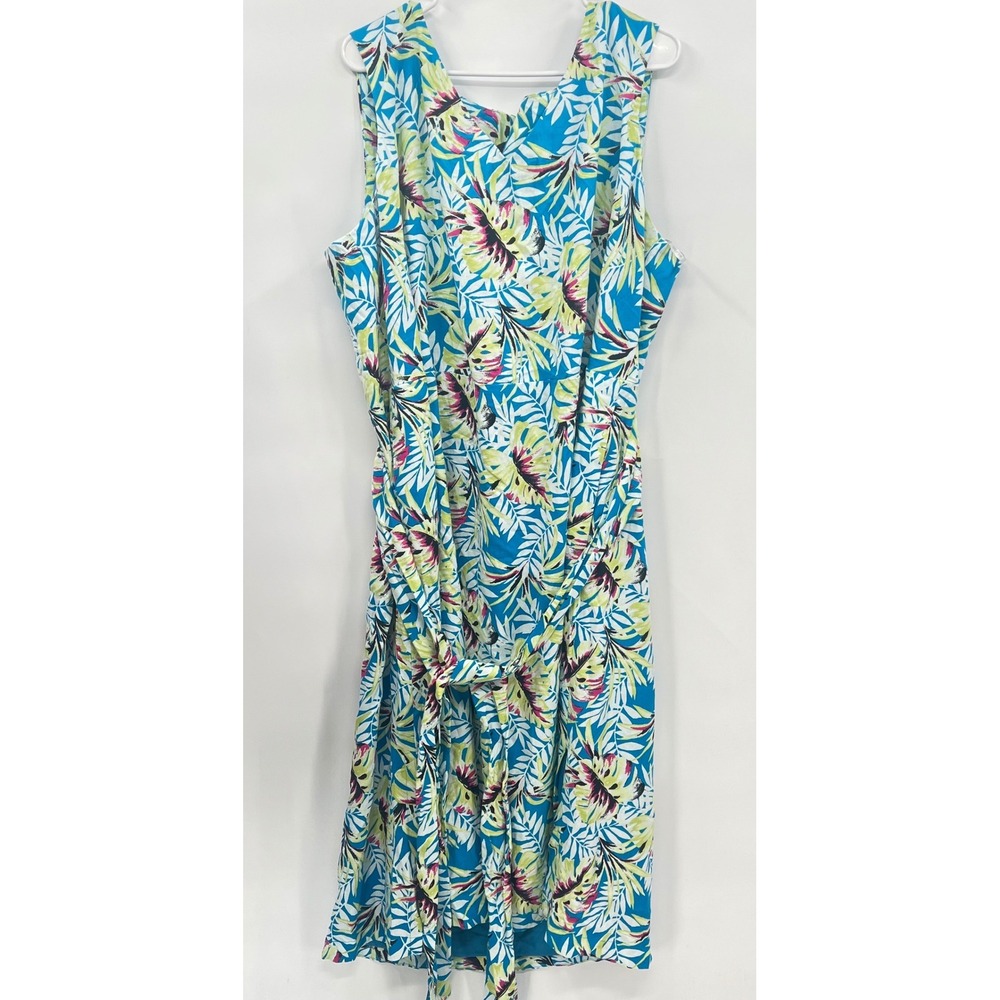 Anne Klein 3X Sheath Dress Womens Blue Tropical Palm Tie Waist V-Neck